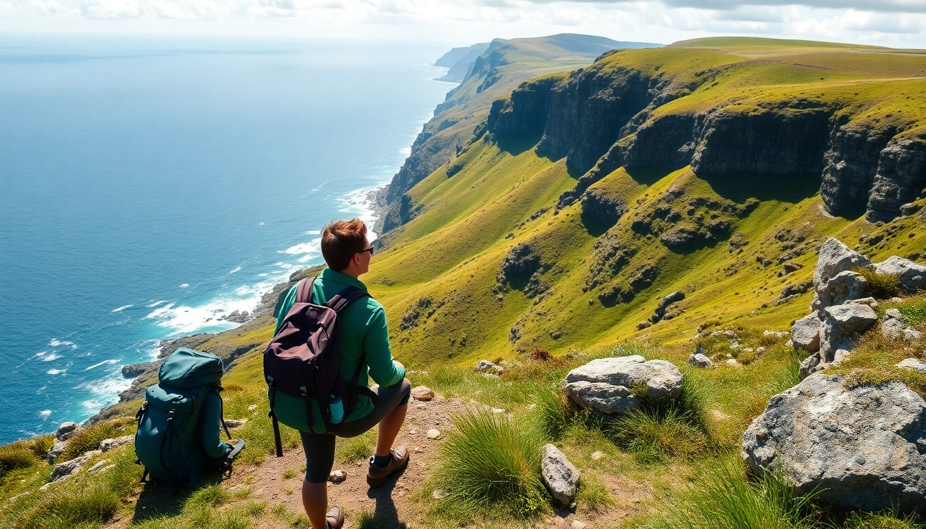Dingle Way wandern: Hikers enjoying the breathtaking landscape of the Dingle Way with cliffs and greenery.