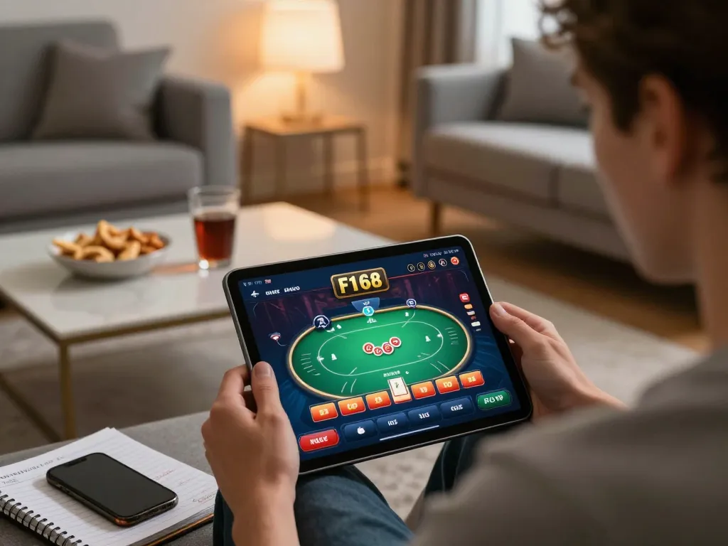 Engaging online gaming with F168 app on tablet in cozy home setting