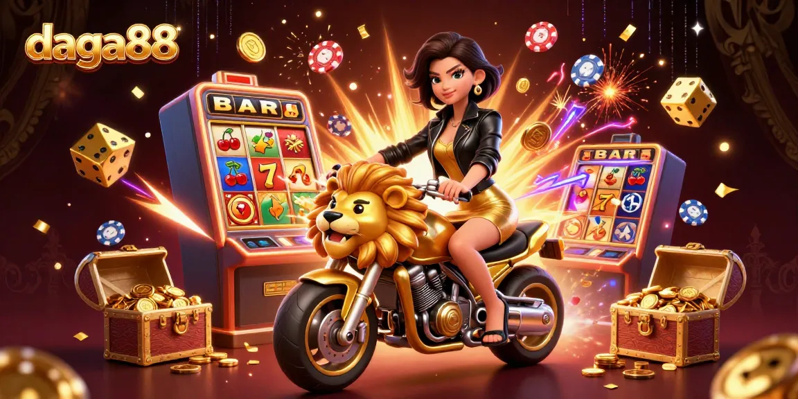 Dive into the action at daga88 with a glamorous character riding a golden lion mascot through scenes filled with vibrant casino elements.