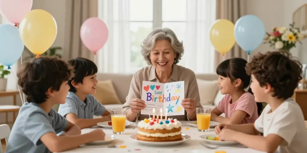 Hartelijke verjaardagswensen voor een geliefde Oma in een gezellige familiebijeenkomst.