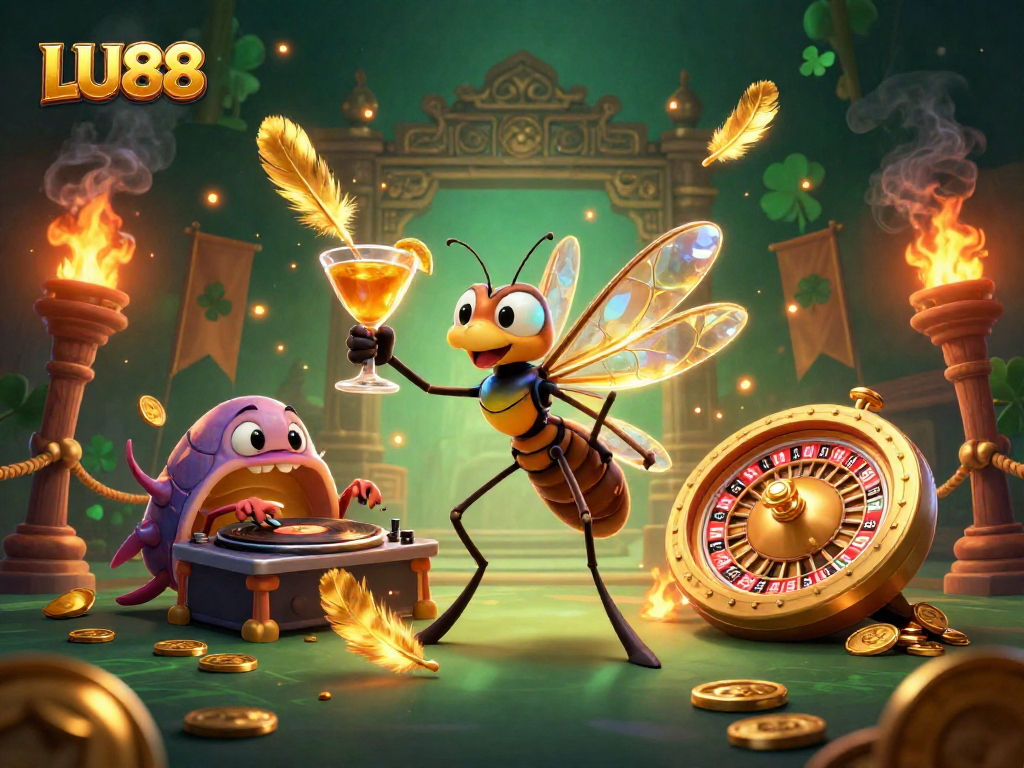 Engage in excitement with LU88's animated casino scene featuring vibrant characters and golden symbols.