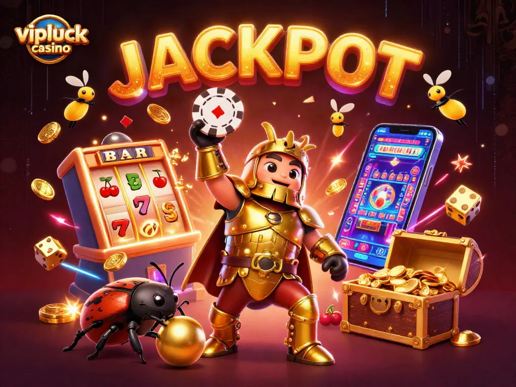 Celebrate wins at vipluck casino with a vibrant 3D scene showcasing a hercules beetle in golden armor and dynamic casino elements.