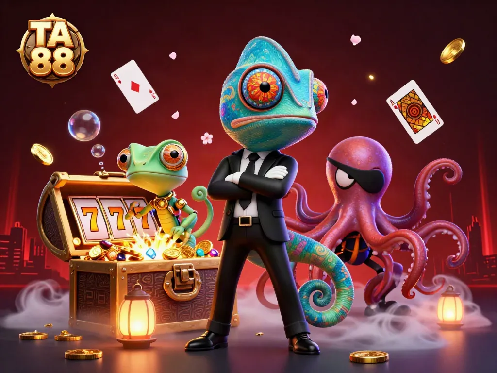 Experience thrilling games with TA 88 as a colorful chameleon, tech-savvy gecko, and villainous octopus come alive in an action-packed casino scene.