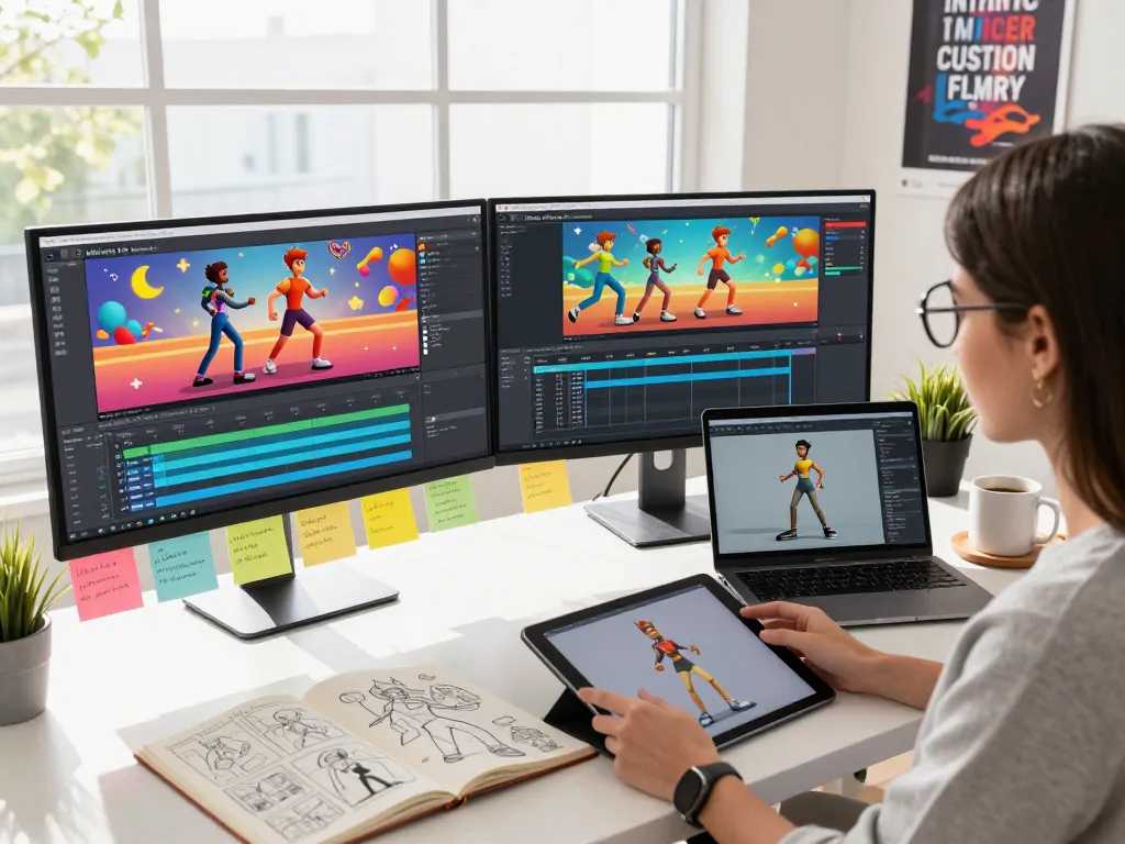 Kling 2.6 motion control software in action as a developer animates characters, showing vibrant sequences and a collaborative workspace.