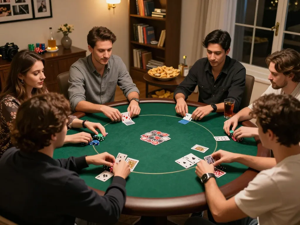 Friends enjoying a poker game night at home, showcasing cm88a strategies and competitive atmosphere.