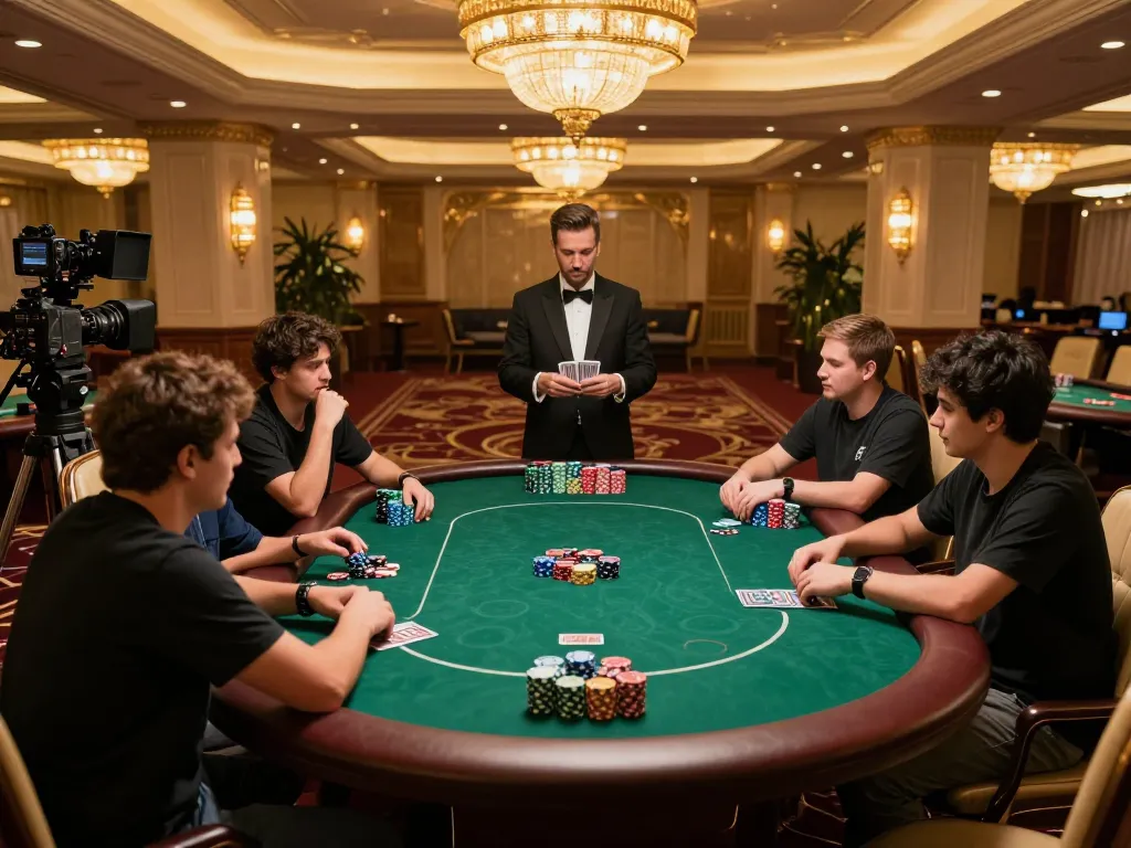 32win engagement at a high-stakes poker table, players strategizing around a luxury casino setup.