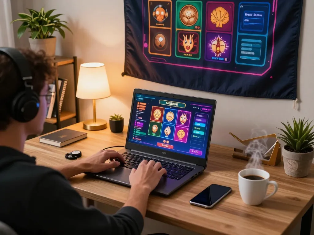 Engaging in online gambling with rik vip on a modern laptop setup in a cozy home office.