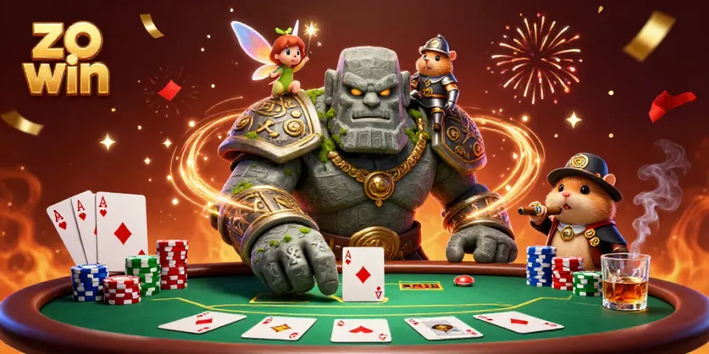 Experience excitement with the vibrant zo win scene featuring a golem, fairy, and hamster knight at a poker table.
