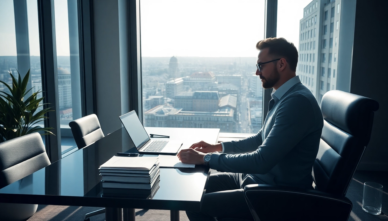 Headhunter Mühlheim bei der Arbeit, umgeben von Unterlagen und Laptop in einem eleganten Büro.
