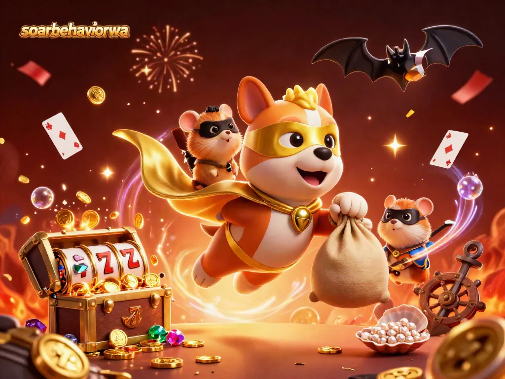 soarbehaviorwa showcases a thrilling 3D scene with casino elements, as a superhero dog flys with gold coins.