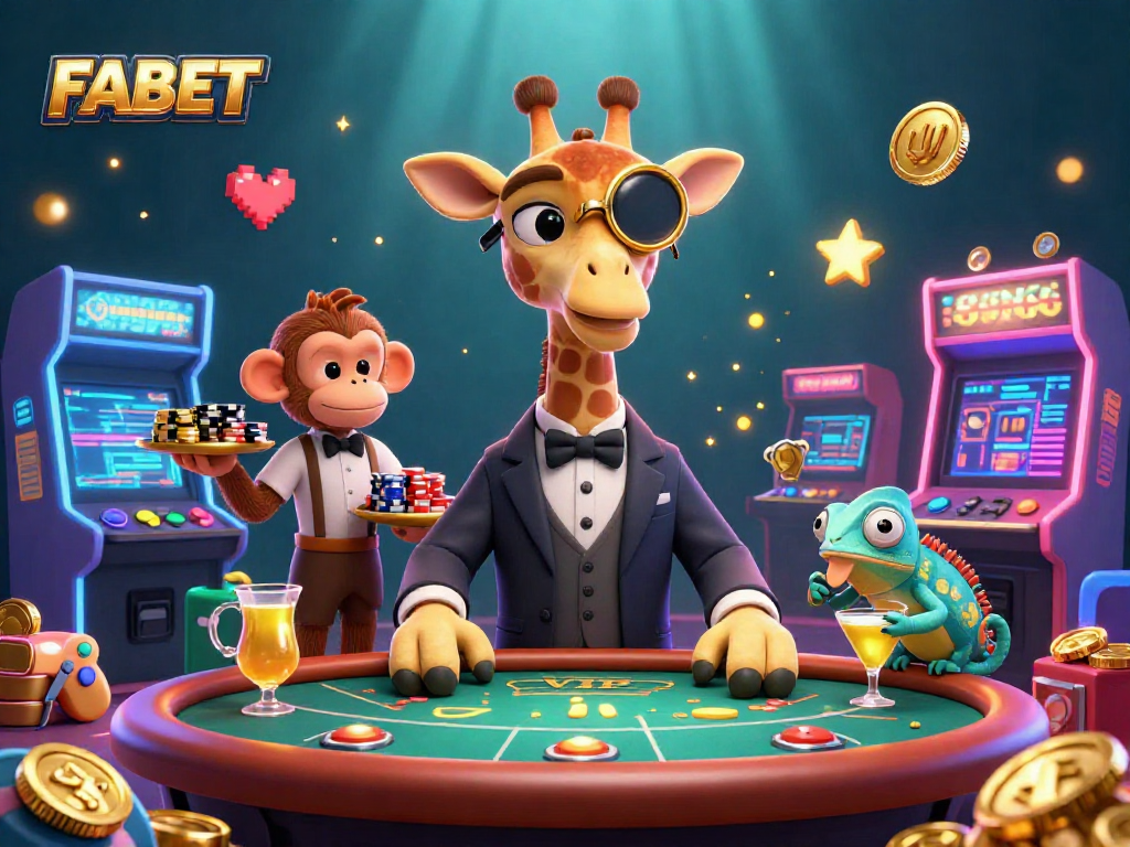 Experience FABET's vibrant casino scene with a high-roller giraffe, monkey valet, and chameleon bartender.