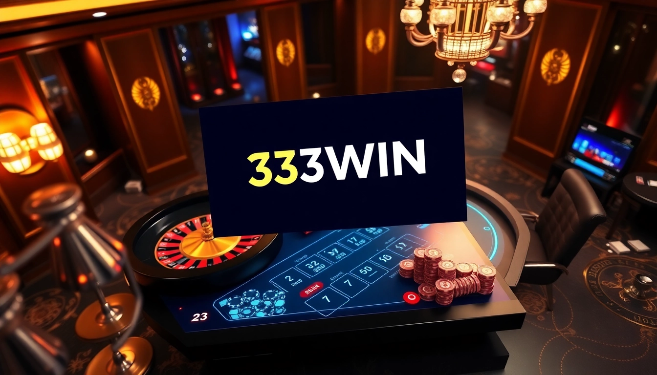 Experience the excitement of 33WIN with a luxurious online gambling setup featuring poker chips and roulette.