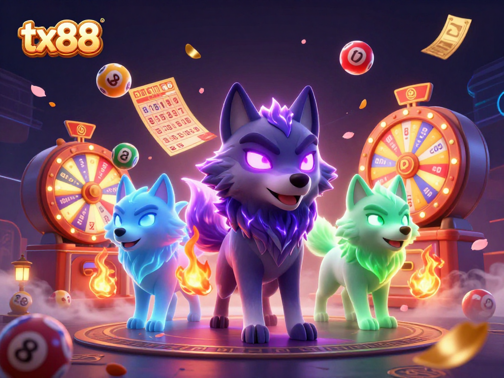Engage with tx88's vibrant lottery-themed scene showcasing a shadow wolf leader and dynamic game elements.