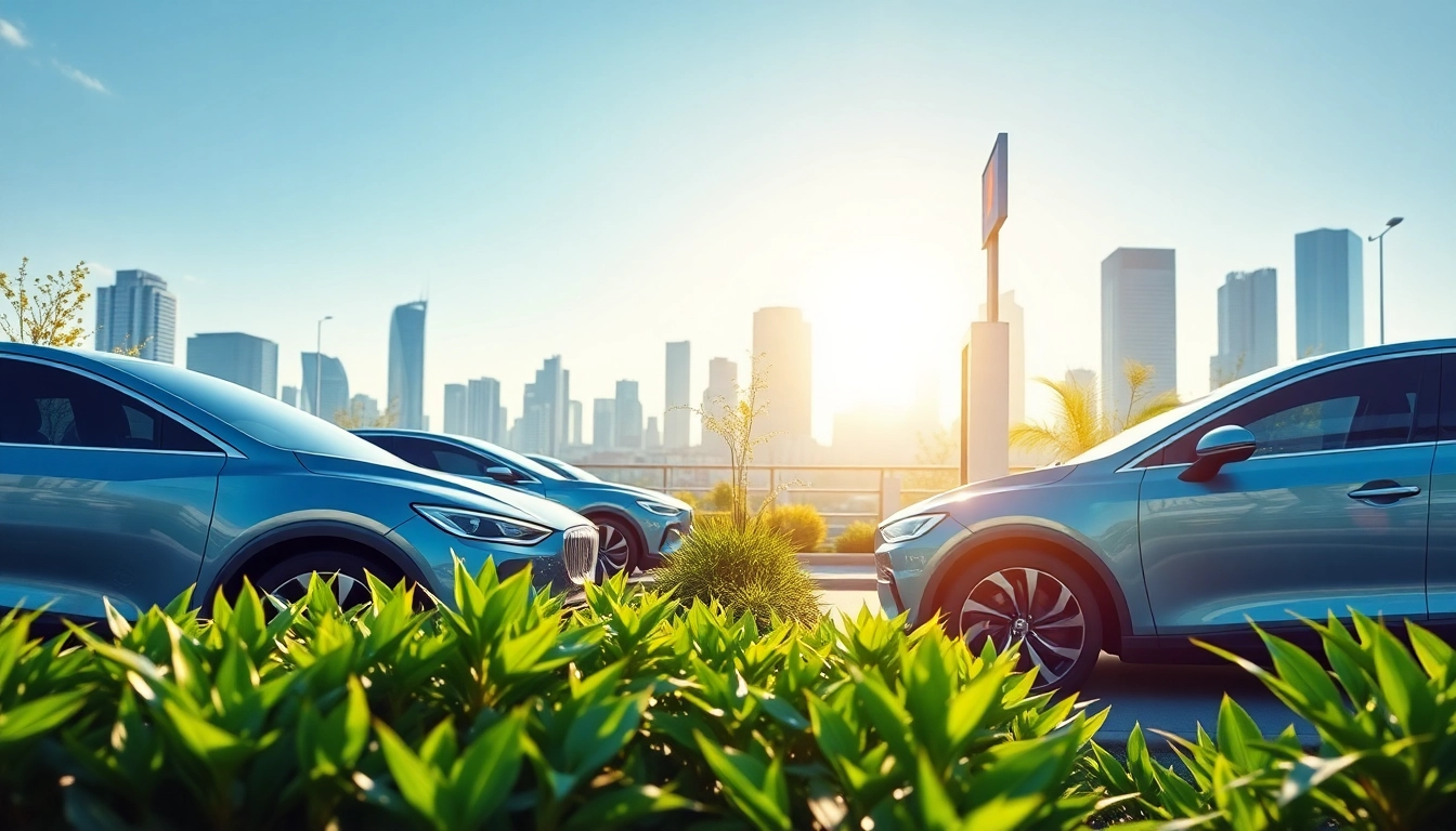 Elektroautos charging at a modern station in a vibrant urban setting.