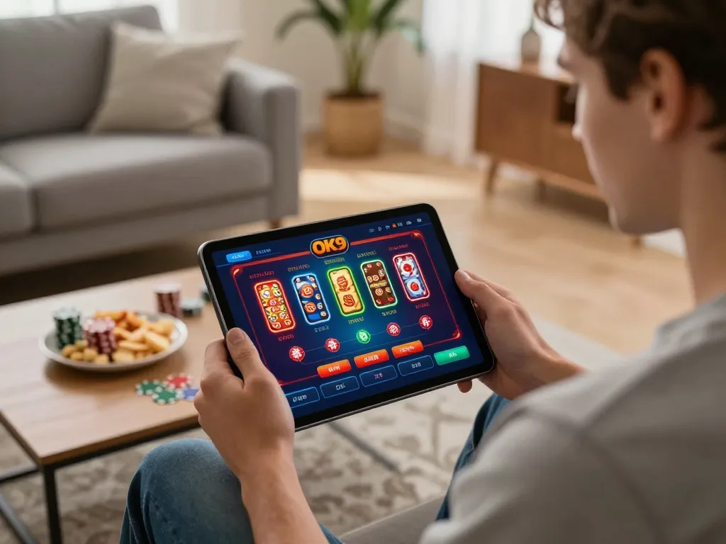 Player enjoying games on OK9 app on tablet, illustrating engaging online gambling experience at home.