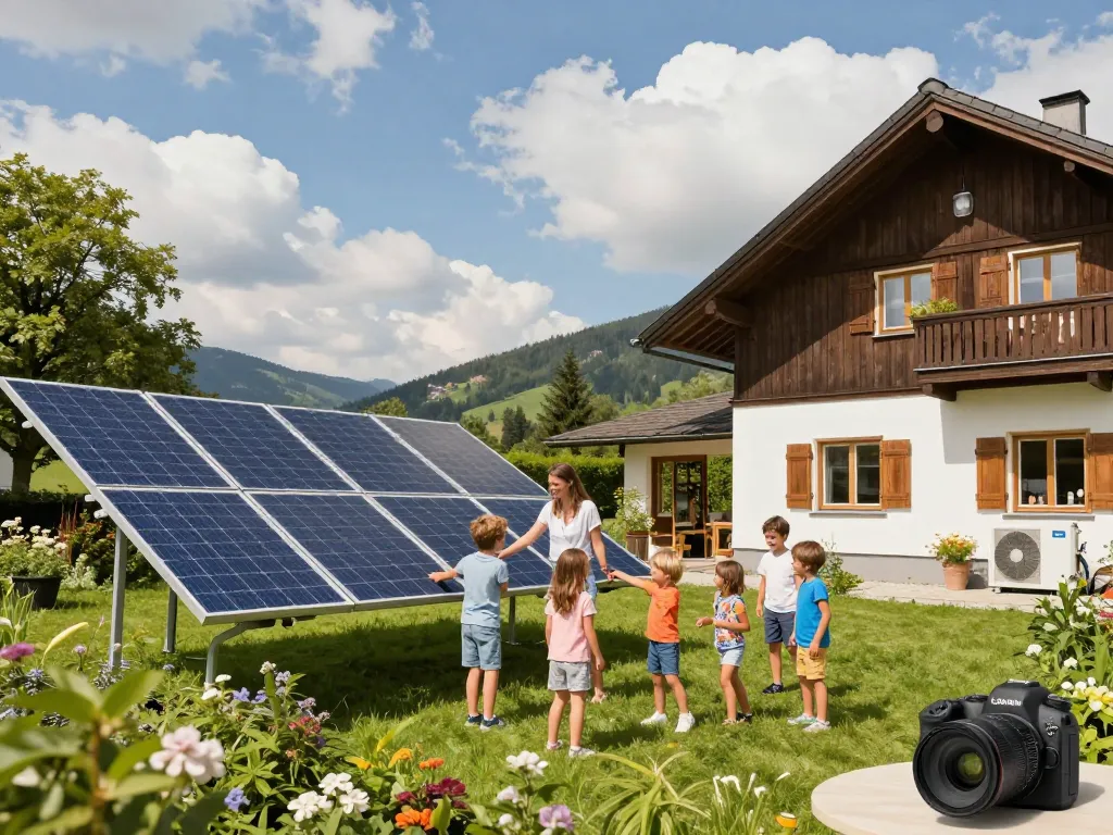 Photovoltaik Bayern Solarinstallation mit einer glücklichen Familie, die nachhaltige Energie in einer üppigen bayerischen Landschaft genießt.