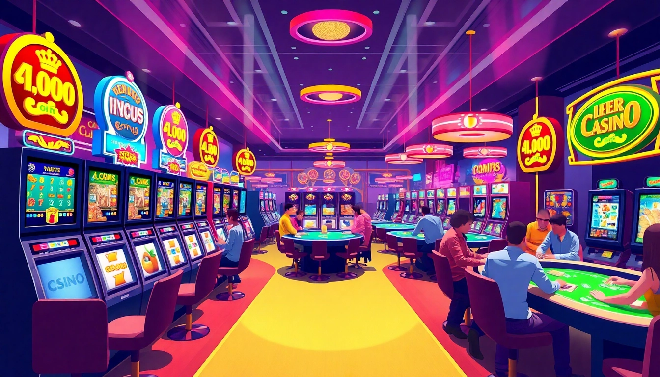 Players enjoying thrilling games at Online Casinos Österreich with vibrant slot machines and card tables.