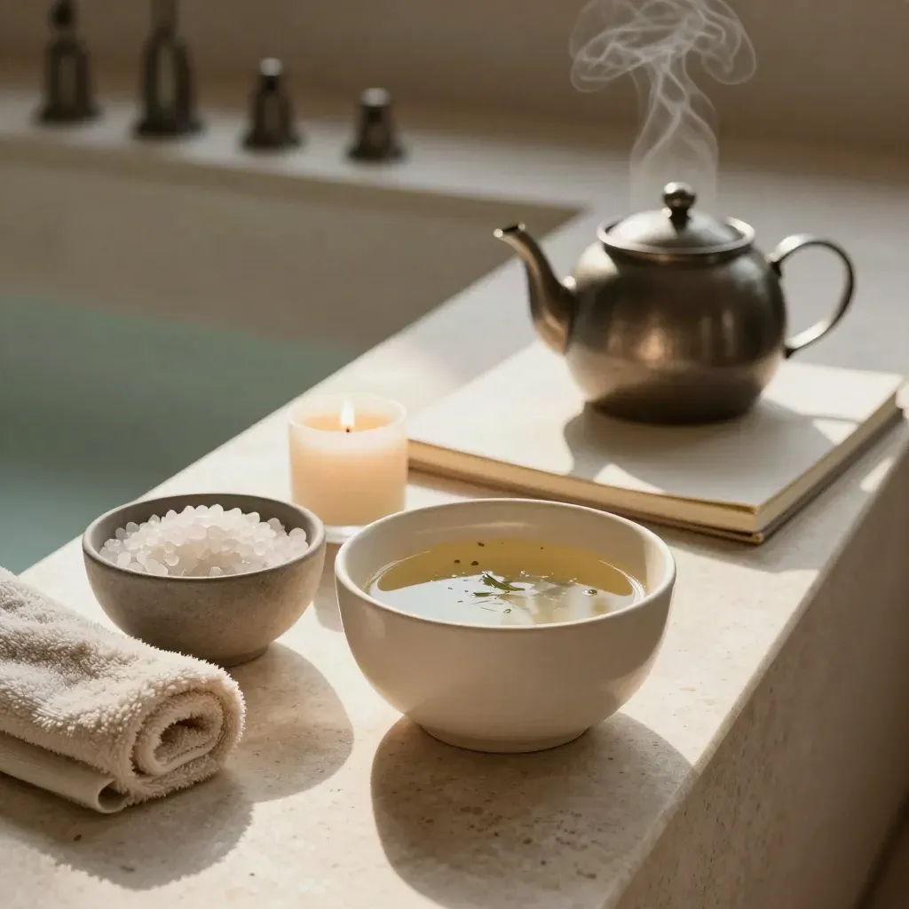 Morgendliches Wellness-Stillleben mit Teekanne, Kerze, Salzschale, Handtuch und Dampf auf Travertin.