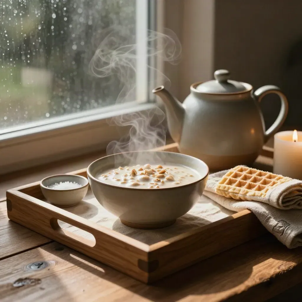 Dampfende Teekanne, Oat-Bowl, Tuch und Kerze auf Eichen-Tablett nach Sommerregen