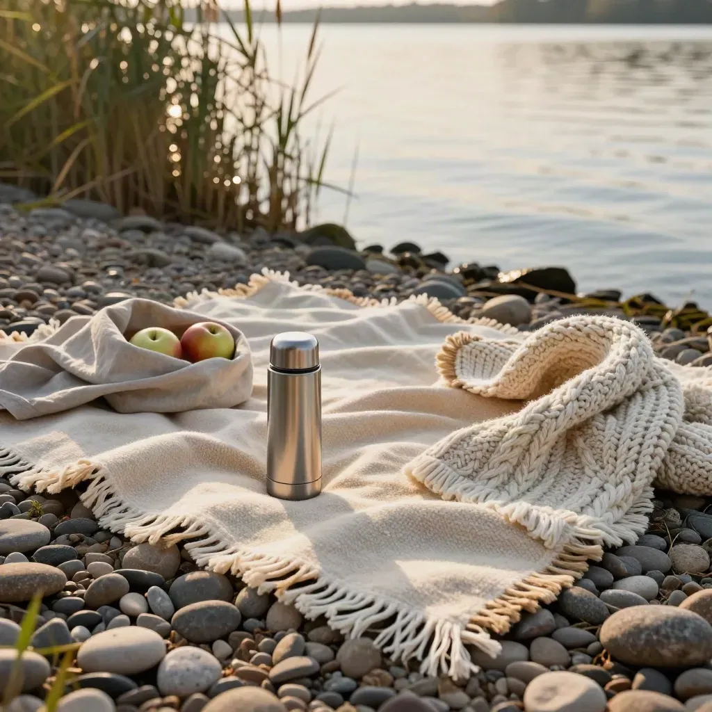 Picknickdecke, Thermoskanne, Äpfel und Kuscheldecke am ruhigen Seeufer im Wind.