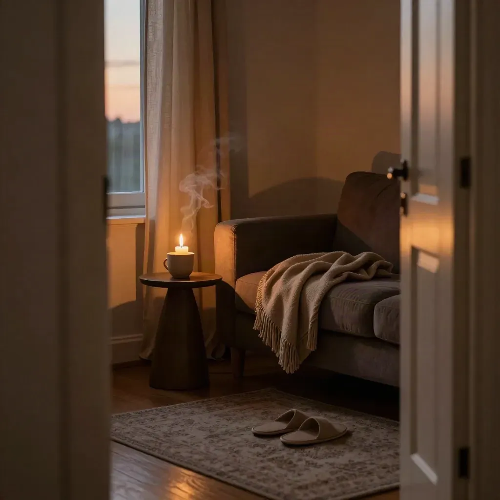 Kerze, Tasse, Decke und Hausschuhe im ruhigen Wohnzimmer bei Abenddämmerung