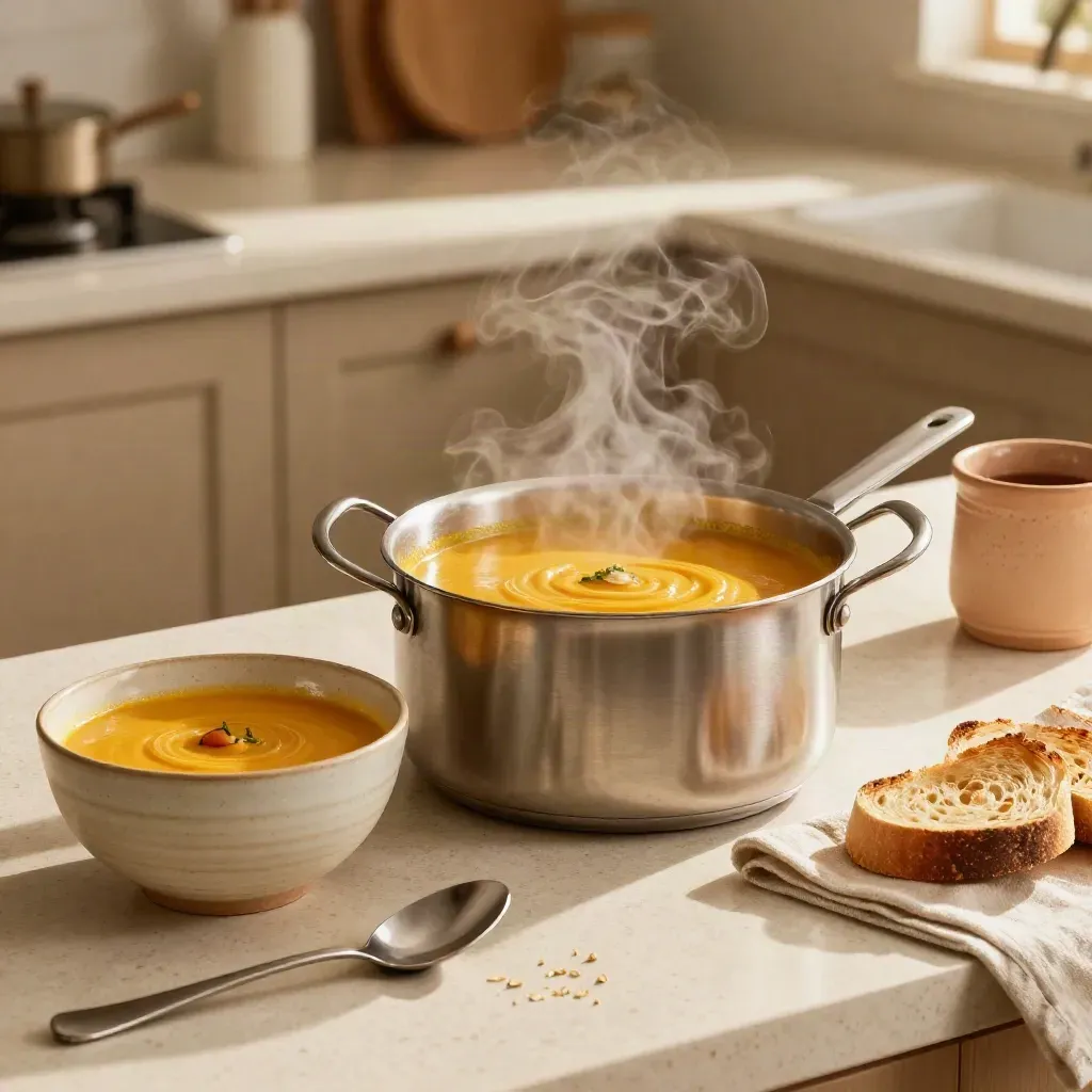Kürbissuppe dampft im Topf neben Schale, Brot und Teetasse auf heller Travertin-Küchenplatte.