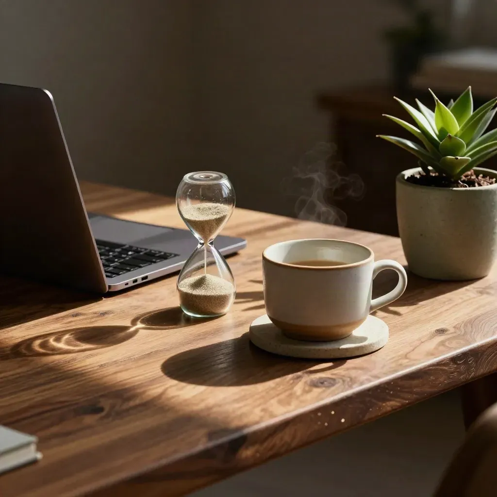Schreibtischecke mit Sanduhr, Tasse, Laptop und kleiner Pflanze im Sonnenstreifen.