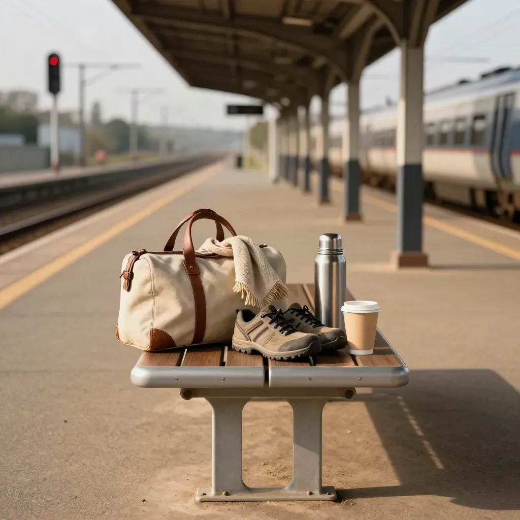Duffelbag, Schuhe, Schal, Thermoskanne und Becher auf einer Bahnsteigbank im Morgenlicht.