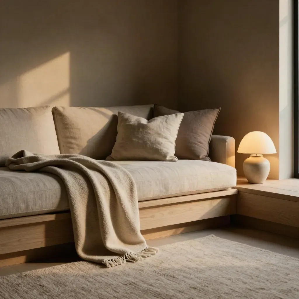 Gemütliche Sofaecke mit Bouclédecke, Leinenkissen und Keramiklampe im dunklen Raum