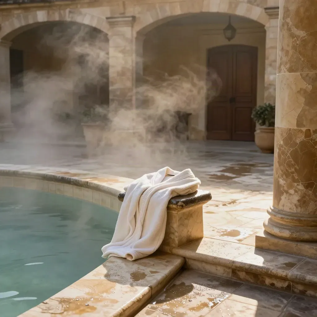 Vernebelter Eingangshof einer Therme mit Stufen, Bank und gefaltetem Bademantel