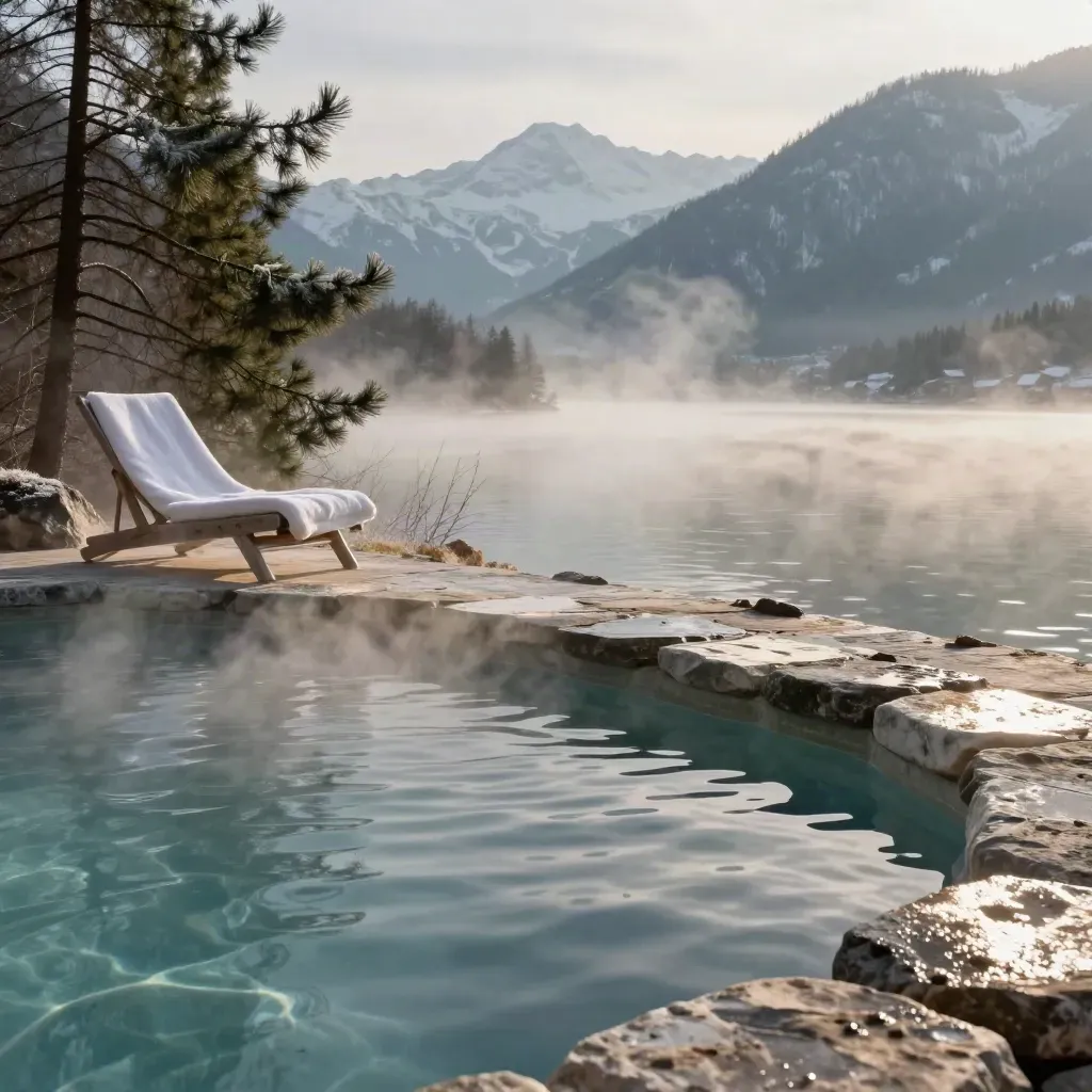 Thermalbecken am Tegernsee mit Liegestuhl, Nebel, Tannen und Bergen im Hintergrund