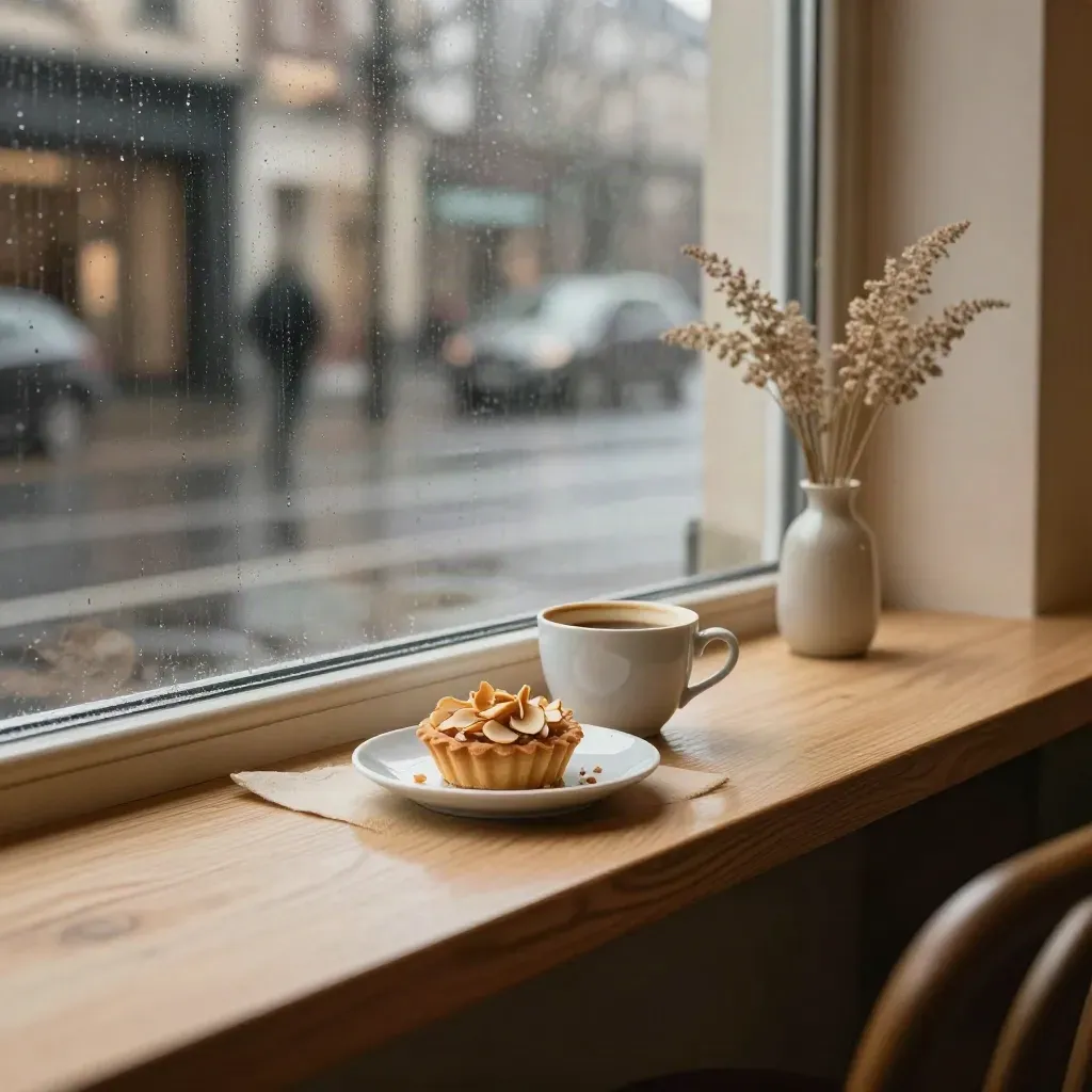 Ruhiges Kölner Café am Fenster mit Tasse, Tart und Regen