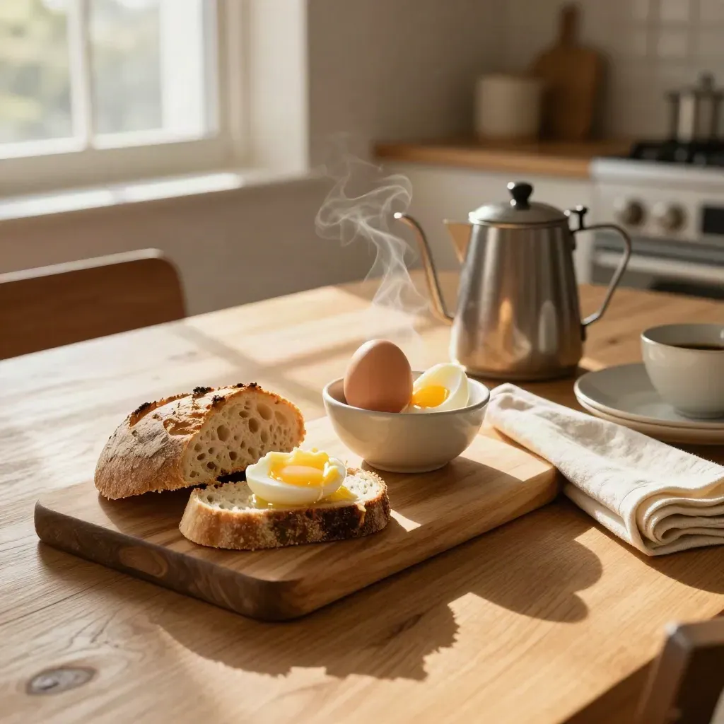Sonntagsbrunch mit Brot, Eiern, Butter und Kaffeekanne auf einem sonnigen Holztisch.