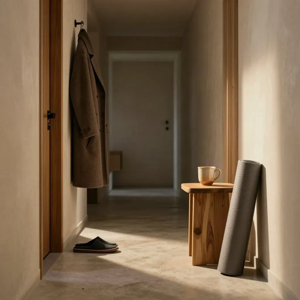 Flur mit Schuhen, Jacke, Becher und Yogamatte im warmen Abendlicht