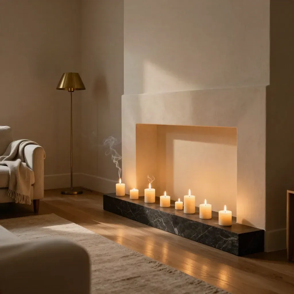 Kamin mit Kerzen, Wollplaid und stiller Abendstimmung im Wohnzimmer.