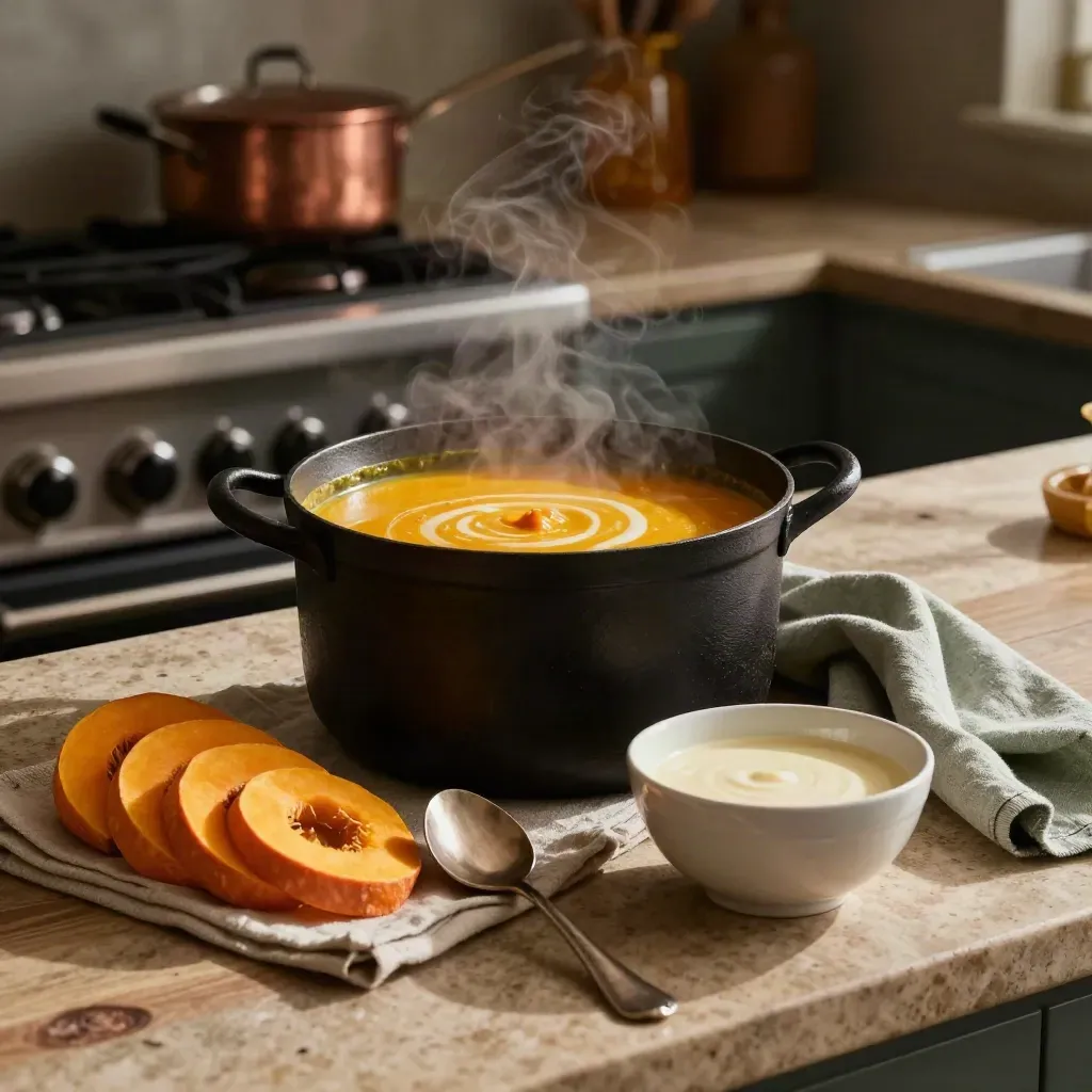 Kürbissuppe im schweren Topf am Herd, mit Kürbisscheiben, Löffel und Schale in warmem Küchenlicht.