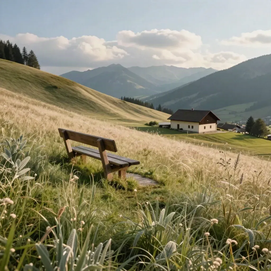 Allgäuer Wiese mit Bank, Hof und ziehenden Wolken im Gegenlicht