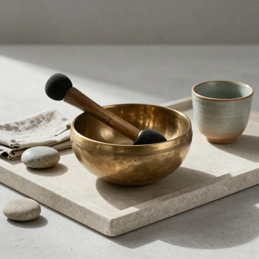 Brasssinging bowl mit Filzklöppel, Flussstein, Leinen und kleiner Pflanzenschale auf Steintray.