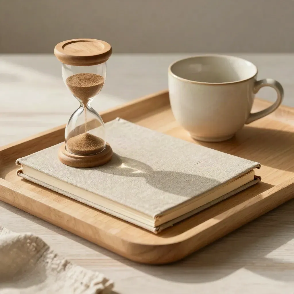 Sanduhr, Leinen-Notizbuch, Keramiktasse und Holztablett in ruhiger Morgenstimmung.