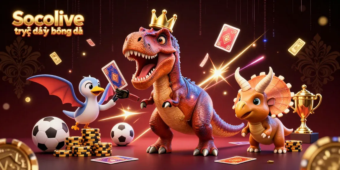 Socolive trực tiếp bóng đá presents a vibrant scene of cartoon dinosaurs engaging in sports betting with dynamic elements.