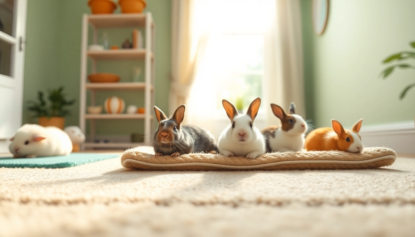 Hanfmatte in einem gemütlichen Tierbereich mit Kaninchen und Meerschweinchen.