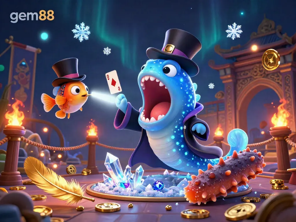 Experience thrilling magic tricks at gem88 with deep-sea characters surrounded by vibrant casino elements.