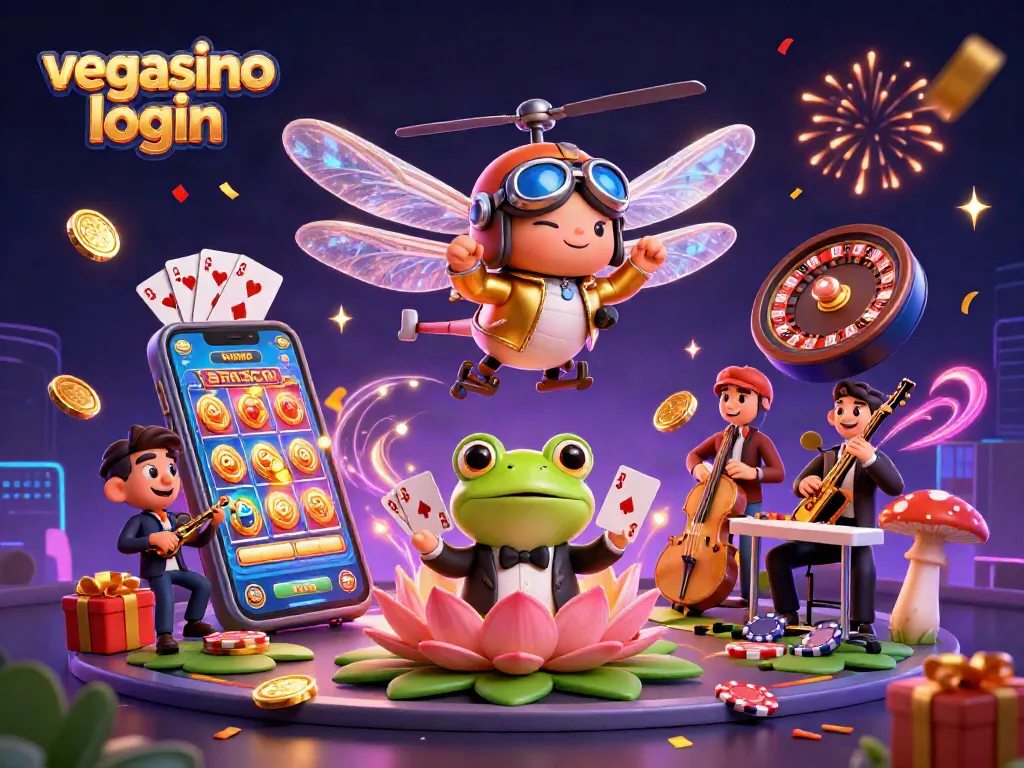 Experience the thrill of vegasino login with a vibrant casino scene featuring a dragonfly pilot, frog dealer, and jazz musicians.
