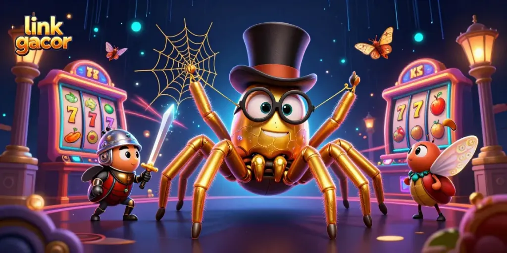 Experience the thrill of link gacor with a golden tarantula and a brave beetle knight in a vibrant casino scene.