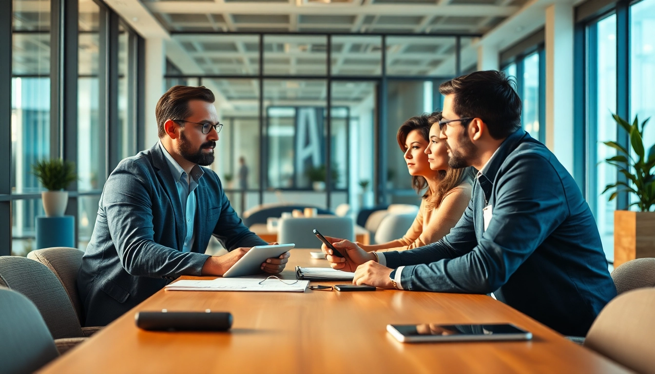 Headhunter Ingenieure in einem modernen Büro, lebhaftes Gespräch um einen Tisch.