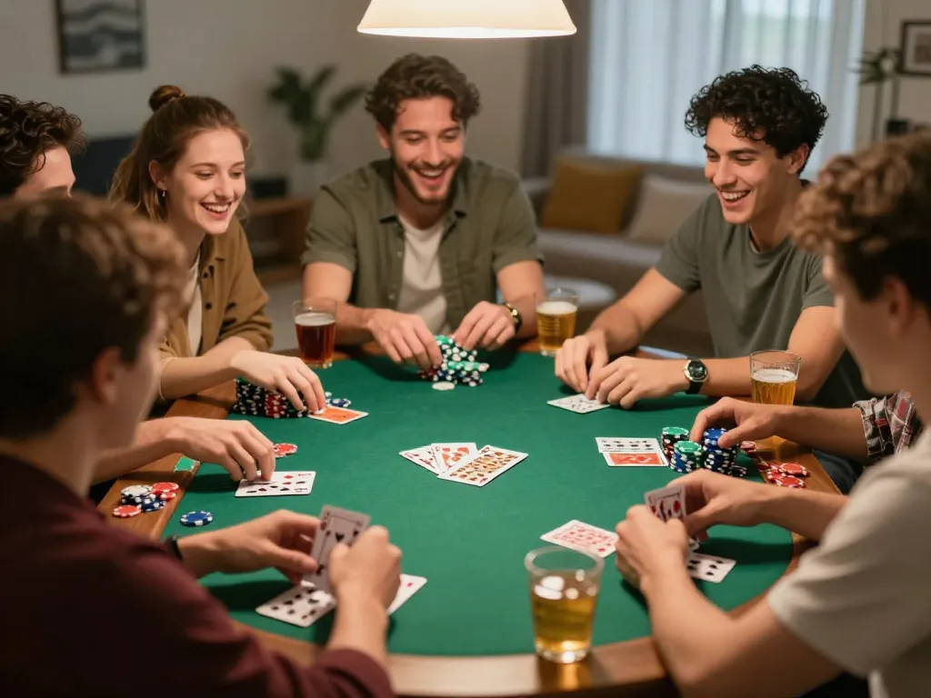 Friends enjoying a home poker night while checking lô đề hôm nay for lucky numbers.