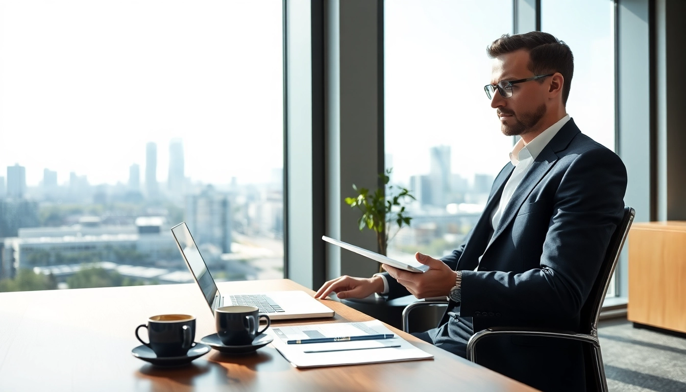 Headhunter Düsseldorf bei der Arbeit in einem modernen Büro mit Blick auf die Stadt.