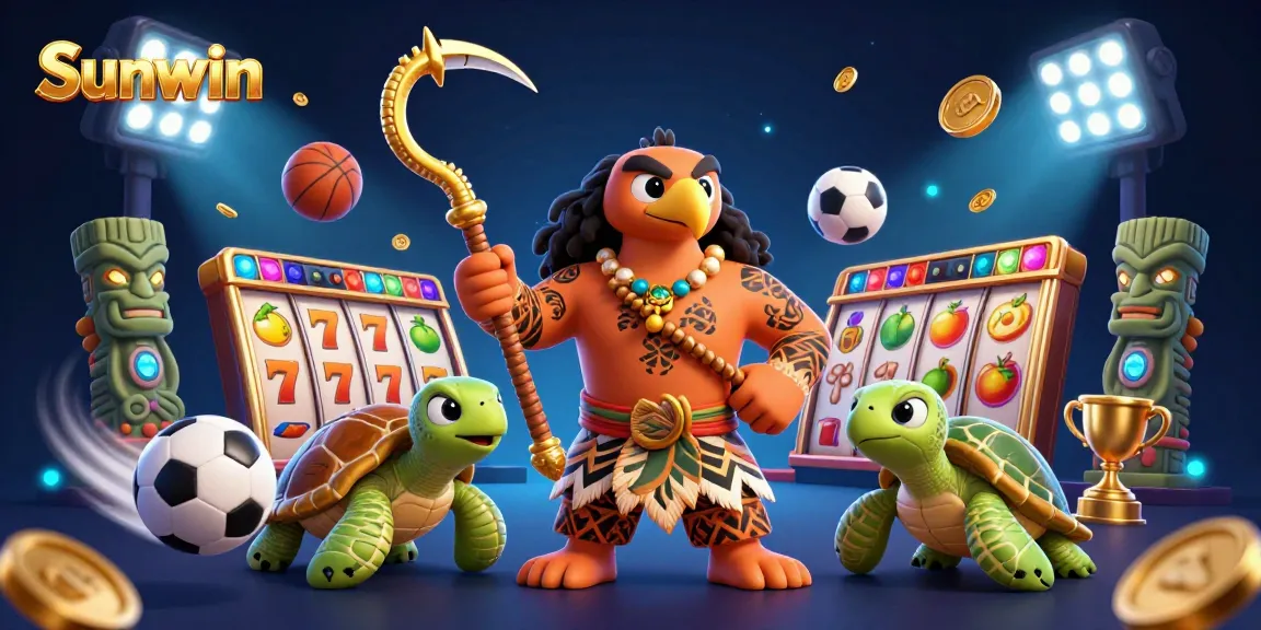 Experience thrilling slots and jackpot excitement with Sunwin's dynamic casino illustration featuring vibrant characters.
