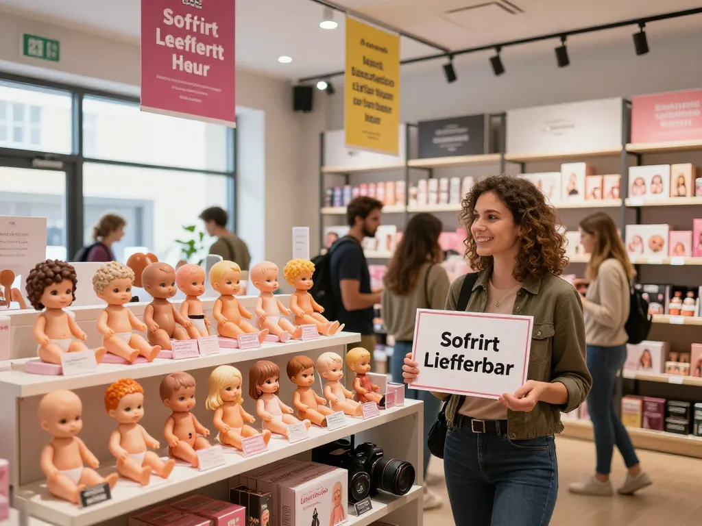 Sofort Lieferbar-Schild, das von einem Verkäufer in einem lebhaften E-Commerce-Einzelhandelsgeschäft präsentiert wird, das Sexpuppen zeigt.