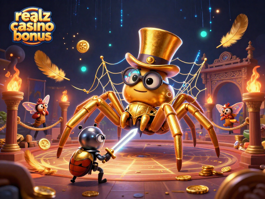 Erlebe den Realz Casino Bonus mit einer goldenen Tarantula und einem tapferen Käferritter in einem spannenden Casino-Szenario.